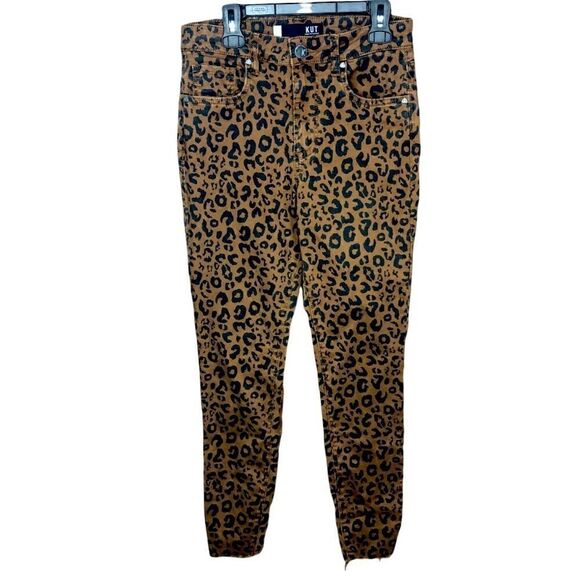 Kut From The Kloth Leopard Print Jeans Donna Ankle Skinny, Raw Hem Brown Black 0 - Picture 1 of 15